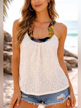 Trina Turk Cream Lace Tank with Black Multicolor Printed Yoke sz S